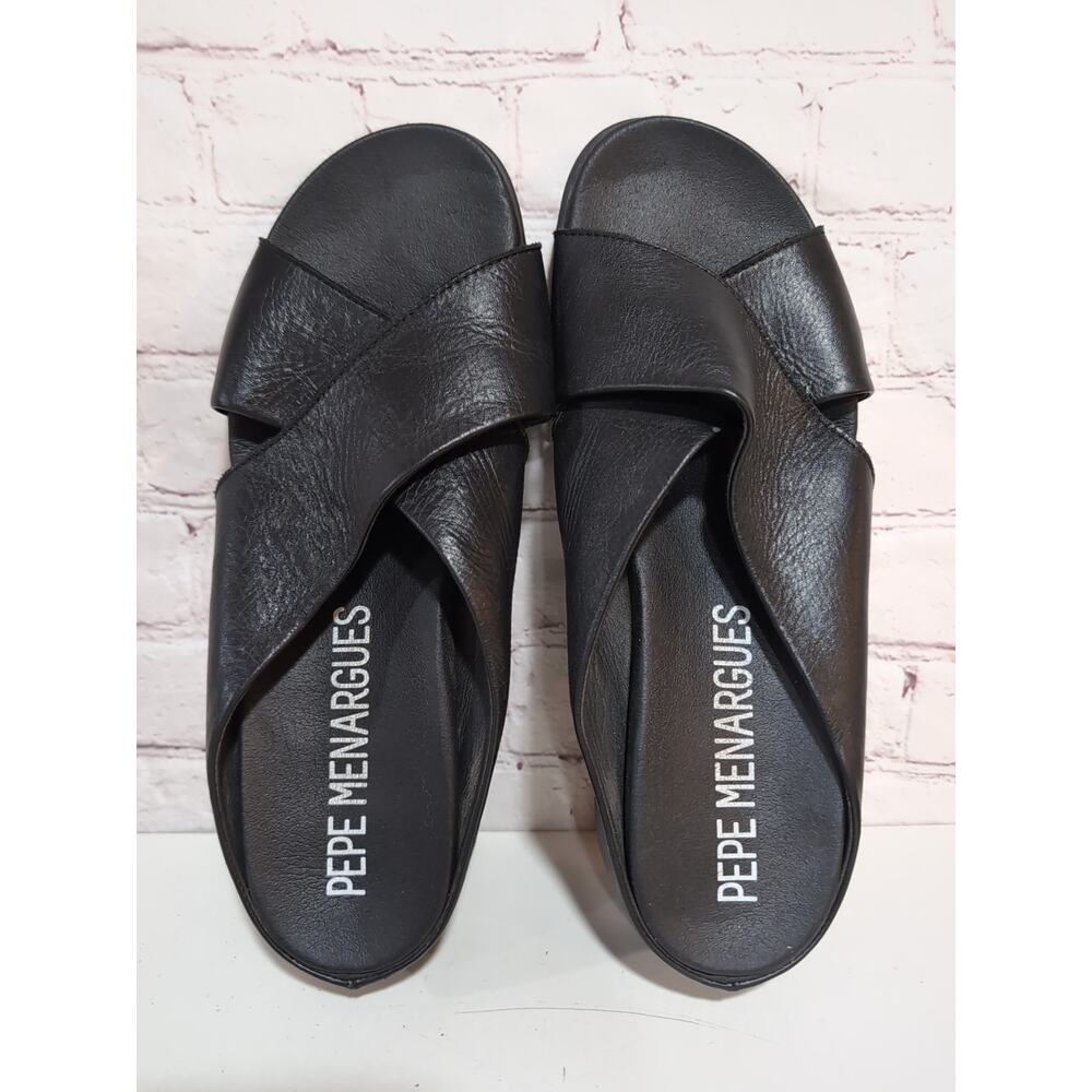 Pepe Menargues Black Leather Criss Cross Size 40 Wedge Sandals Minimalist - Picture 2 of 10